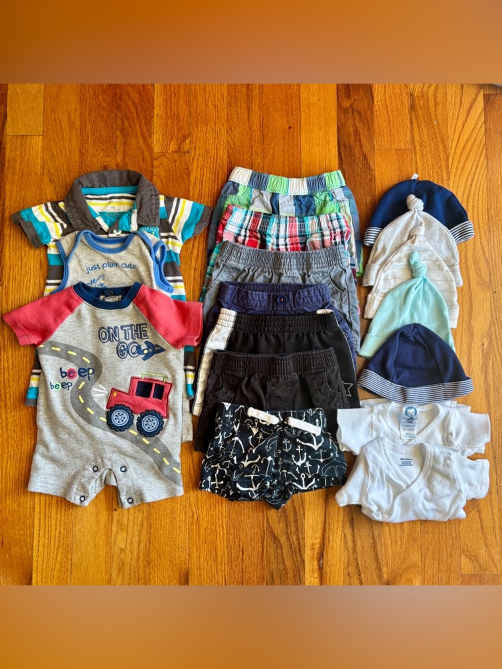 (17 Piece Lot) Baby Boys Clothing Lot Size NB Newborn Hats Shirts Shorts Rompers